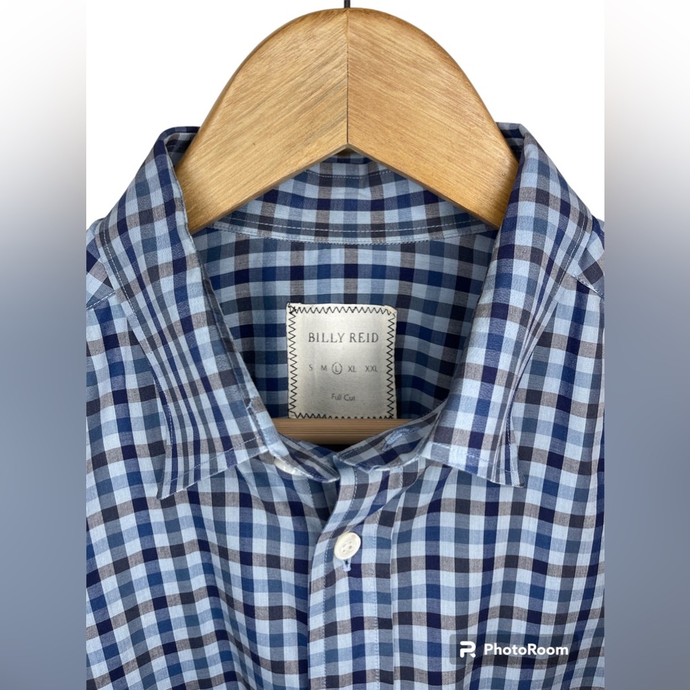 Billy Reid full cut blue gingham button down shirt, men’s large.